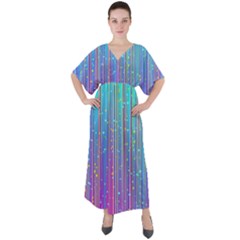 Blue Magenta Speckles Line V-neck Boho Style Maxi Dress