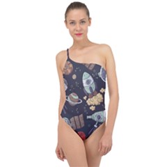 Hand-drawn-pattern-space-elements-collection Classic One Shoulder Swimsuit