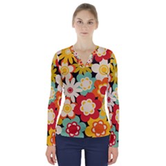 Floral Retro Vintage Blossom V-neck Long Sleeve Top