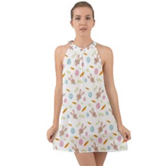 Easter Bunny Pattern Hare Halter Tie Back Chiffon Dress