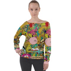 Cartoon Wallpapers Off Shoulder Long Sleeve Velour Top