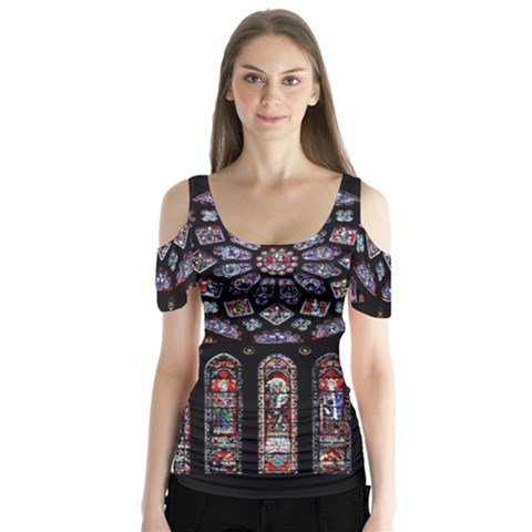 Chartres Cathedral Notre Dame De Paris Amiens Cath Stained Glass Butterfly Sleeve Cutout Tee  by Wegoenart