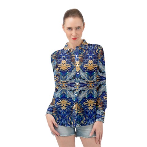 Cobalt On Gold Long Sleeve Chiffon Shirt by kaleidomarblingart