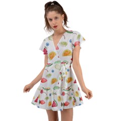 Fruit Summer Vitamin Watercolor Flutter Sleeve Wrap Dress