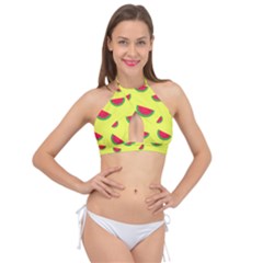 Watermelon Pattern Wallpaper Cross Front Halter Bikini Top by Wegoenart