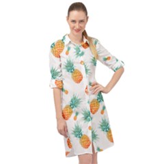 Pineapple Background Pattern Fruit Long Sleeve Mini Shirt Dress by Wegoenart