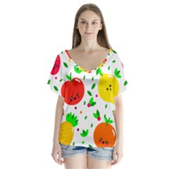 Pattern Fruit Fruits Orange Green V-neck Flutter Sleeve Top by Wegoenart