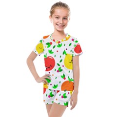 Pattern Fruit Fruits Orange Green Kids  Mesh Tee and Shorts Set