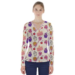 Cupcake Pattern Lollipop V-neck Long Sleeve Top by Wegoenart