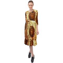 Olive Oil Bubbles Gold Oil Food Ruffle End Midi Chiffon Dress