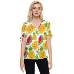 Watermelon Pattern Fruit Summer Bow Sleeve Button Up Top