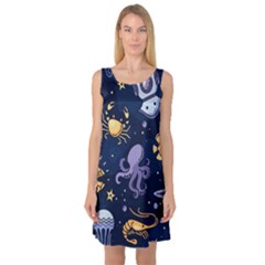 Marine-seamless-pattern-thin-line-memphis-style Sleeveless Satin Nightdress