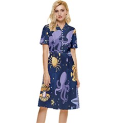 Marine-seamless-pattern-thin-line-memphis-style Button Top Knee Length Dress