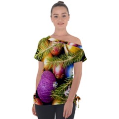 Background Of Christmas Decoration Off Shoulder Tie-up Tee