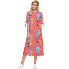 Elephant Cartoon Animal Monkey Bow Sleeve Chiffon Midi Dress