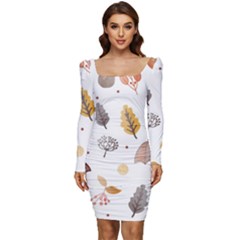 Autumn Leaf Leaves Nature Art Boho Background Women Long Sleeve Ruched Stretch Jersey Dress