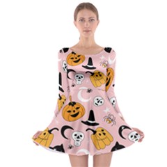 Pumpkin Cat Pattern Skull Long Sleeve Skater Dress by Wegoenart