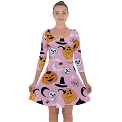 Pumpkin Cat Pattern Skull Quarter Sleeve Skater Dress by Wegoenart