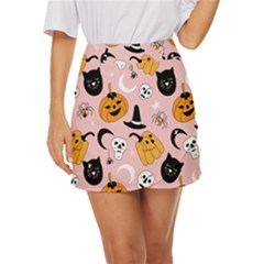 Pumpkin Cat Pattern Skull Mini Front Wrap Skirt by Wegoenart