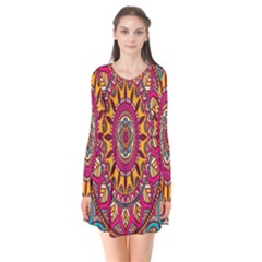 Buddhist Mandala Long Sleeve V-neck Flare Dress by nateshop