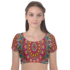 Buddhist Mandala Velvet Short Sleeve Crop Top  by nateshop