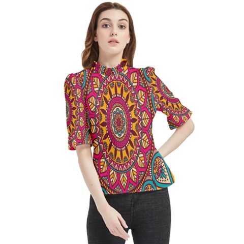 Buddhist Mandala Frill Neck Blouse by nateshop