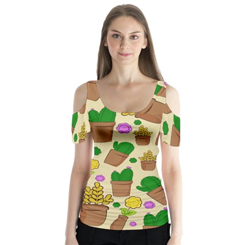 Cactus Butterfly Sleeve Cutout Tee  by nateshop