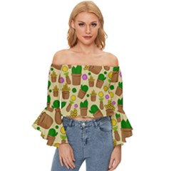 Cactus Off Shoulder Flutter Bell Sleeve Top by nateshop