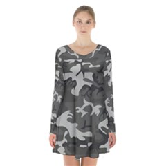 Camouflage Long Sleeve Velvet V-neck Dress by nateshop