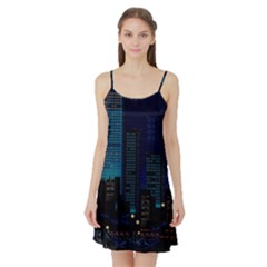 City Building Pixel Art Vaporwave Satin Night Slip by danenraven