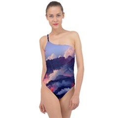 Cherry Blossom Tree On Cliff Digital Wallpaper Cherry Blossom On Cliff Mountain Nature Classic One Shoulder Swimsuit