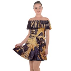 Brown And Black Abstract Painting Doctor Who Tardis Vincent Van Gogh Off Shoulder Velour Dress by danenraven