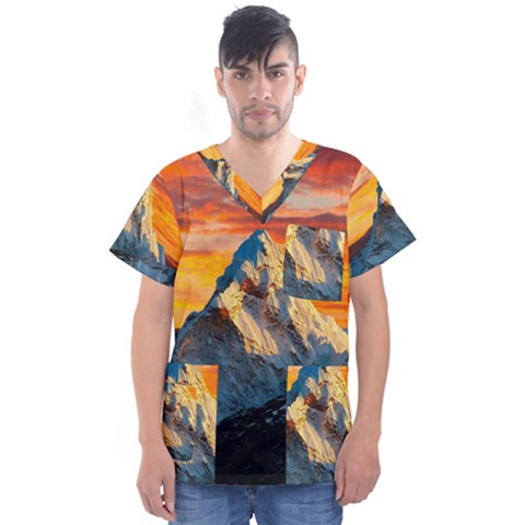 Himalaya Mountains Landscape  Nature Men s V-neck Scrub Top by danenraven