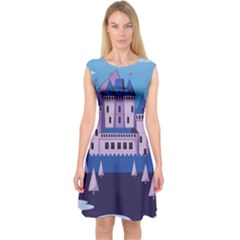 Illustration Castle Mountain Tower Sky Capsleeve Midi Dress by danenraven
