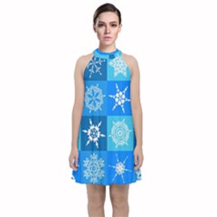 Xmas Christmas Pattern Snow Background Blue Decoration Velvet Halter Neckline Dress  by danenraven