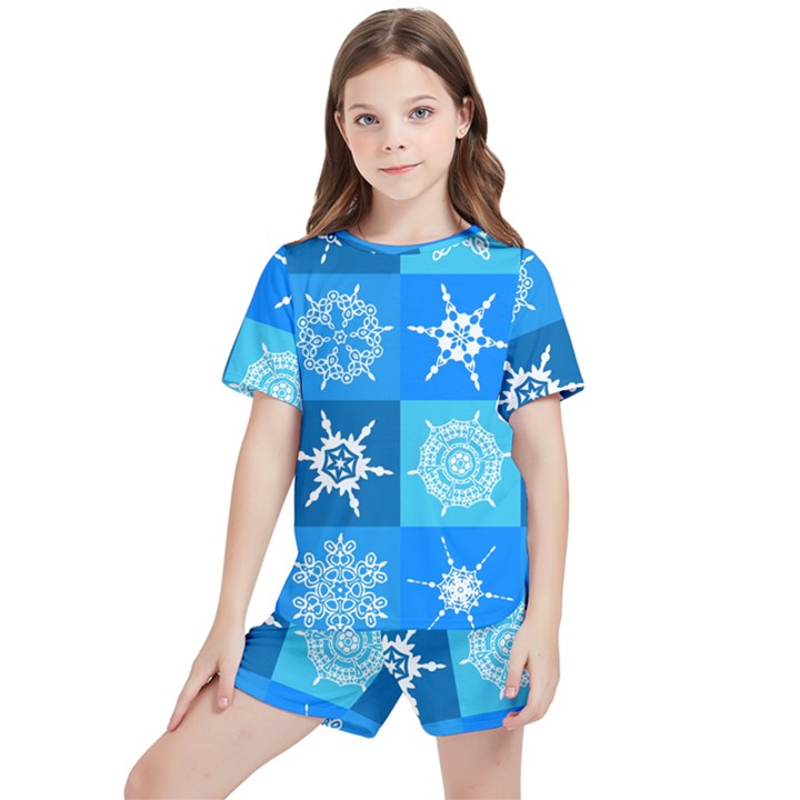 Xmas Christmas Pattern Snow Background Blue Decoration Kids  Tee and Sports Shorts Set