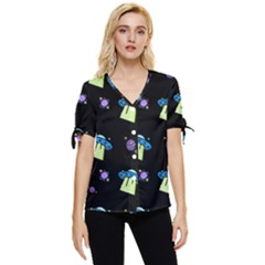 Galaxy Cosmos Rocket Spaceship Ufo Bow Sleeve Button Up Top