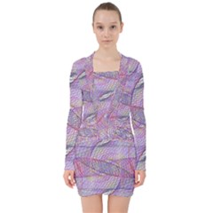 Purple Background Abstract Pattern V-neck Bodycon Long Sleeve Dress