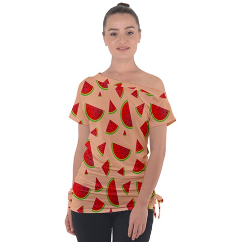 Fruit-water Melon Off Shoulder Tie-up Tee by nateshop