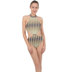 Green Background Line Pattern Halter Side Cut Swimsuit