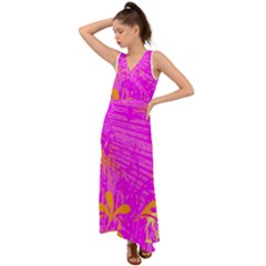 Spring Tropical Floral Palm Bird Pink Pattern Background V-neck Chiffon Maxi Dress by Wegoenart