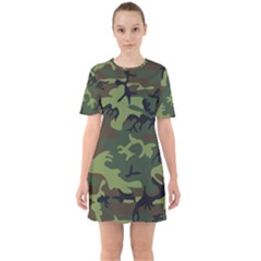 Green Brown Camouflage Sixties Short Sleeve Mini Dress by nateshop