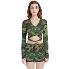 Green Brown Camouflage Velvet Wrap Crop Top And Shorts Set by nateshop