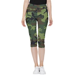 Green Brown Camouflage Inside Out Lightweight Velour Capri Leggings  by nateshop