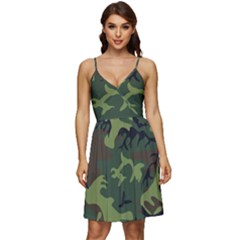 Green Brown Camouflage V-neck Pocket Summer Dress 