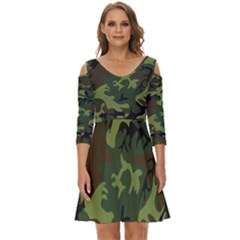 Green Brown Camouflage Shoulder Cut Out Zip Up Dress by nateshop