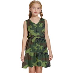 Green Brown Camouflage Kids  Sleeveless Tiered Mini Dress