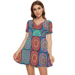 Mandala Art Tiered Short Sleeve Babydoll Dress