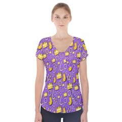 Pattern-purple-cloth Papper Pattern Short Sleeve Front Detail Top by nateshop