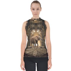 Sculpture Travel Outdoor Nature Elephant Mock Neck Shell Top by Wegoenart